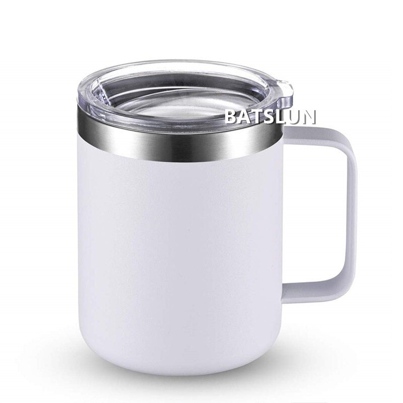 12oz muggar tumbler rostfritt stål kaffemugg mugg med handtag dubbelvägg vakuumisolerad tumbler med lock resekoppar: Vit