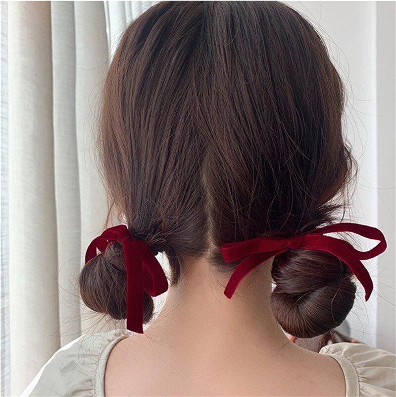 AOMU 2pcs Korea Japanese Vintage Velvet Bowknot Hair Rope Sweet Colorful Satin Streamer Headbands for Women College Hairbands