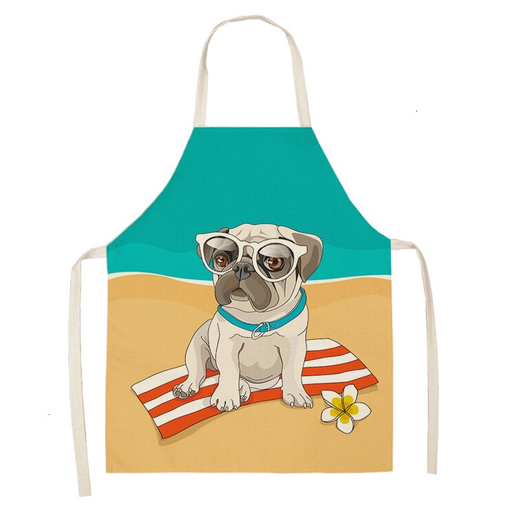 Nette Hund Mops Gedruckt Baumwolle Leinen Ärmel Schürze Küche Schürzen Frauen Hause Kochen Backen Taille Lätzchen Schürze 53*65cm WQL0152: WQL0152-5
