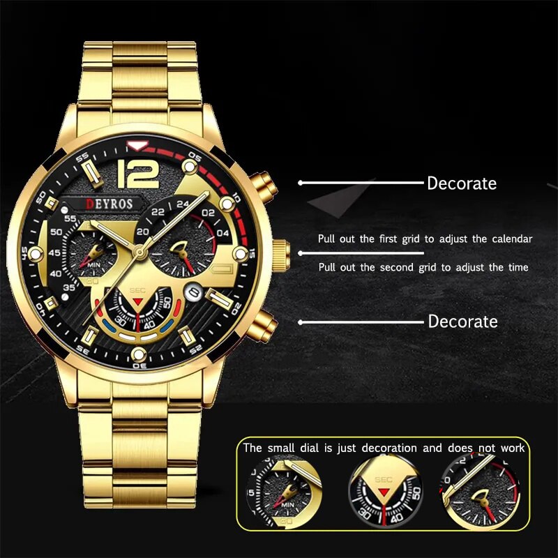 3PCS Set Mode Heren Zakelijke Horloges Mannelijke Casual Rvs Quartz Horloge Mannen Gouden Ketting Armband Polshorloge