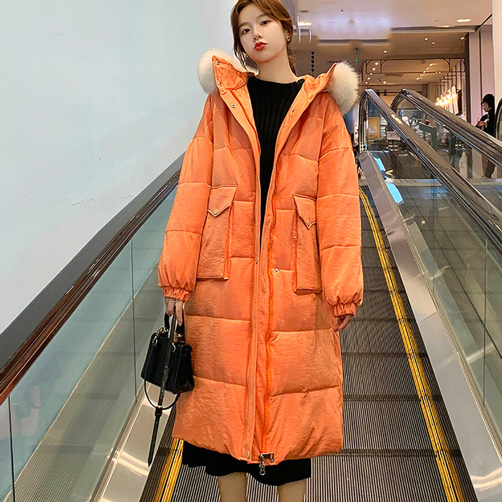 Kvinder vinter lang løs dunpolstret jakke damer all-match bomuldsfrakke lang hætte parka frakke kobieta kurtka  #t2g: Orange / L