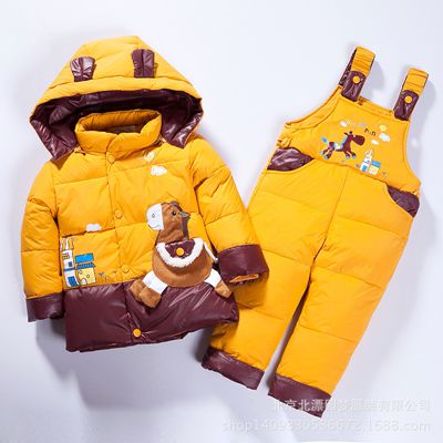 Manteau d'hiver duvet de canard pour enfants | Ensemble de vêtements pour enfants, veste à capuche, pantalon, ensemble combinaison, dessin animé poney, combinaison de neige TZ123: Yellow / 24M
