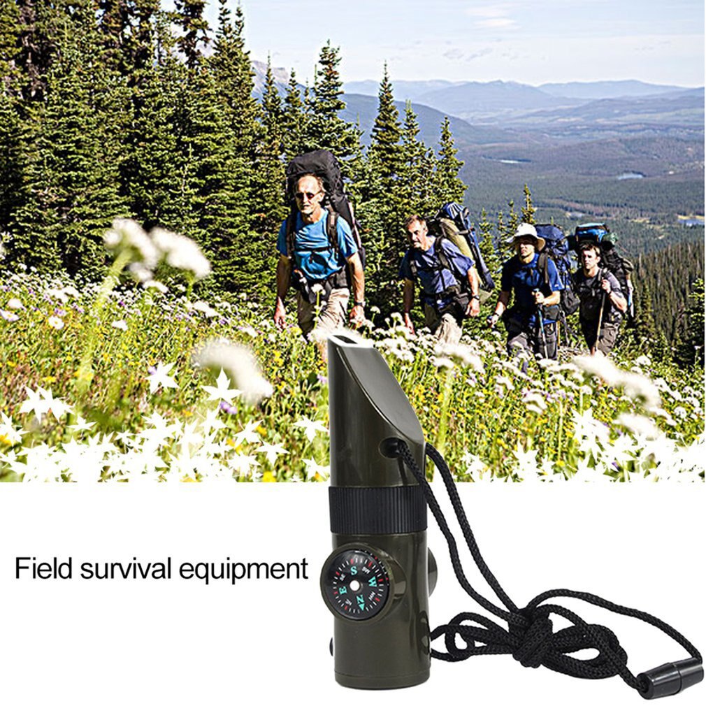 Multifunctional Whistle 7 In 1 Survival Trekking Compass Mirror Torch Magnifier Led Light Thermometer Storage Tools
