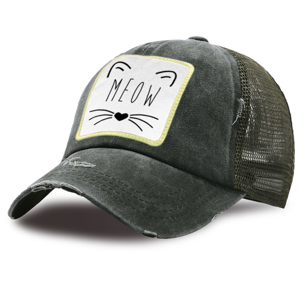 Sport sommer snapback hat justerbar udendørs mesh baseball kasketter afslappet bomuld trucker hatte kat smiley tegneserie print golf kasket: Mørkegrøn 6