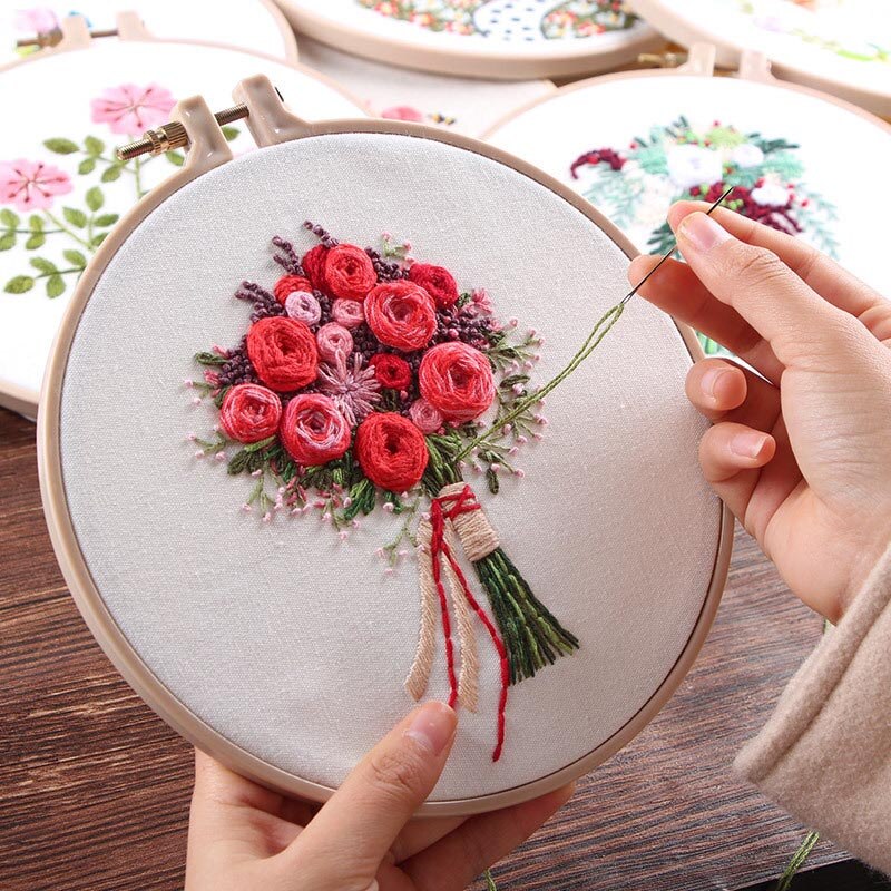 Diy broderi kit blomst trykt håndlavet håndarbejde korssting sæt syning kunst vægmaleri buket bryllup hjemmeindretning: F