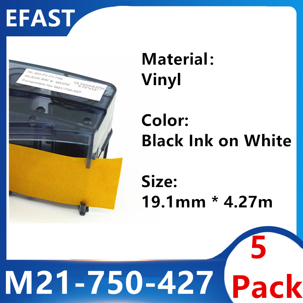5Pack bmp21 M21 750 427 Vinyl maker Label Ribbon Labels Cartridge Black On White For Brady BMP21-PLUS,BMP21-LAB Printer: 5 Pack M21-750-427