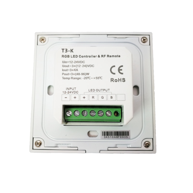 Dc 12v -24v vægmonteret manuel knappanel rgb strip controller dual 2.4 ghz og pwm signal  t3-k 144w led rgb strip controller
