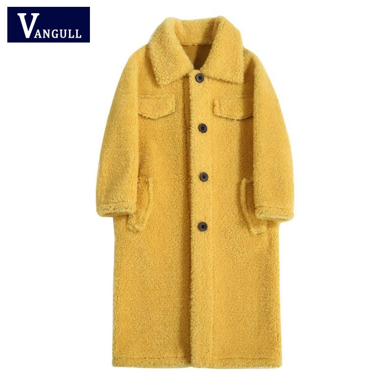 Vangull imitatiebont lange jassen winter casual dames warme lamswol katoenen effen jas plus fluweel dikke bovenkleding