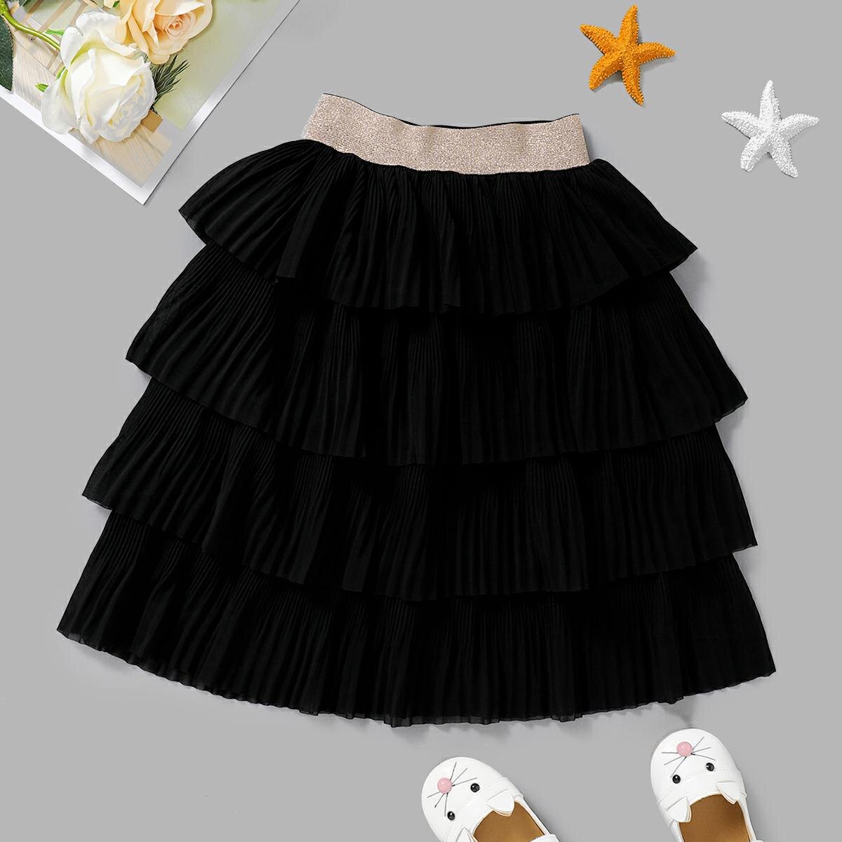 Meisjes Zwarte Gelaagde Rok Kids Effen Kleur Elastische Taille Geplooide Zoom Een Stuk Voor De Zomer/Lente/Herfst 18 Maanden-6 Jaar: Black / 3-4Y