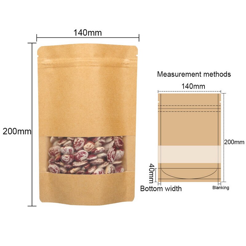 50 Stuks Kraft Voedsel Zak Herbruikbare Zip Lock Afdichting Zakken Voedsel Opslag Met Notch Matte Transparant Venster Zakjes
