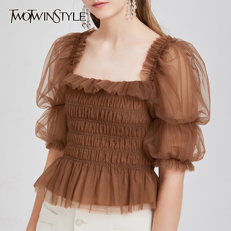 Twotwinstyle söt stil patchwork mesh dam skjorta fyrkantig krage puff halvärm tunika patchwork volanger korta blusar kvinnlig