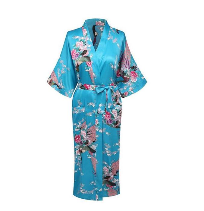 Lange Nachtjapon Pyjama Grijs Bruid Bruidsmeisje Wedding Robe Sexy Thuis Kleding Nachtkleding Vrouwen Nachtkleding Intieme Lingerie Neglige: Lake blue 