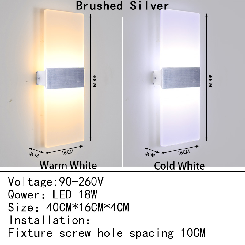 Mini 4/6/12/18W Led Acrylic Wall Lamp AC90-260V Long warm white Bedding Room Living Room Indoor wall lamp Bedroom Modern Simple: Warm White (2700-3500K) / Brushed Silver 40CM