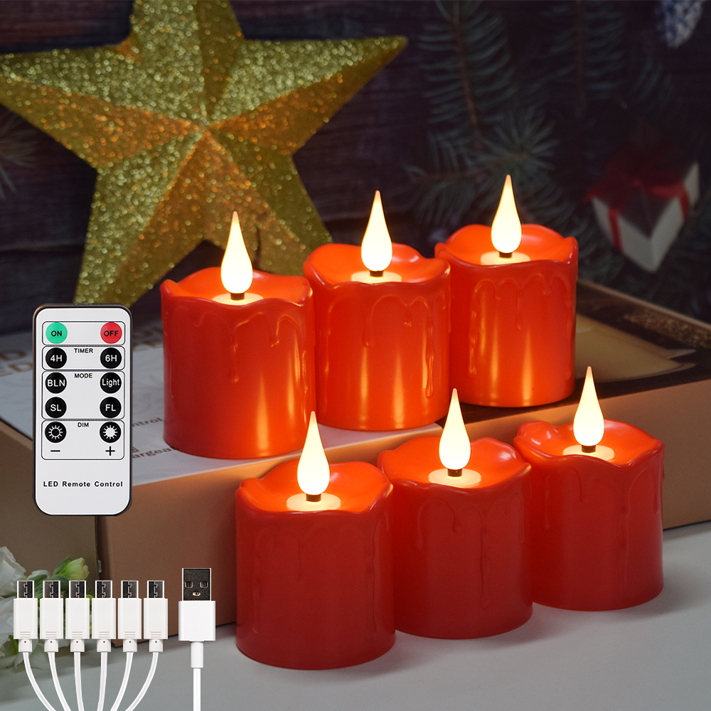 Candele LED ricaricabili FPOO con timer remoto, candela votiva impermeabile, decorazione domestica, San Valentino, luce da tè, 6 pezzi: Rosso