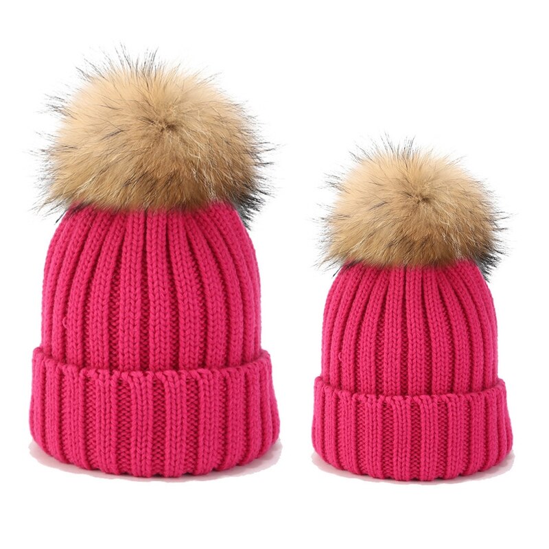 2 stuks gebreide mutsenset voor ouder en kind, wintermuts met pompon en doodshoofd: Pk