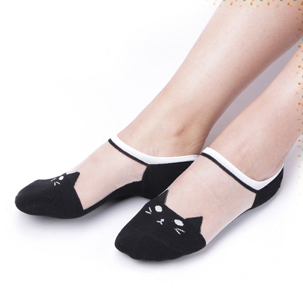 Merke 1 par kvinner jenter mykt kattemønster krystall silke sokker ultratynne gjennomsiktige lave kutt sokker