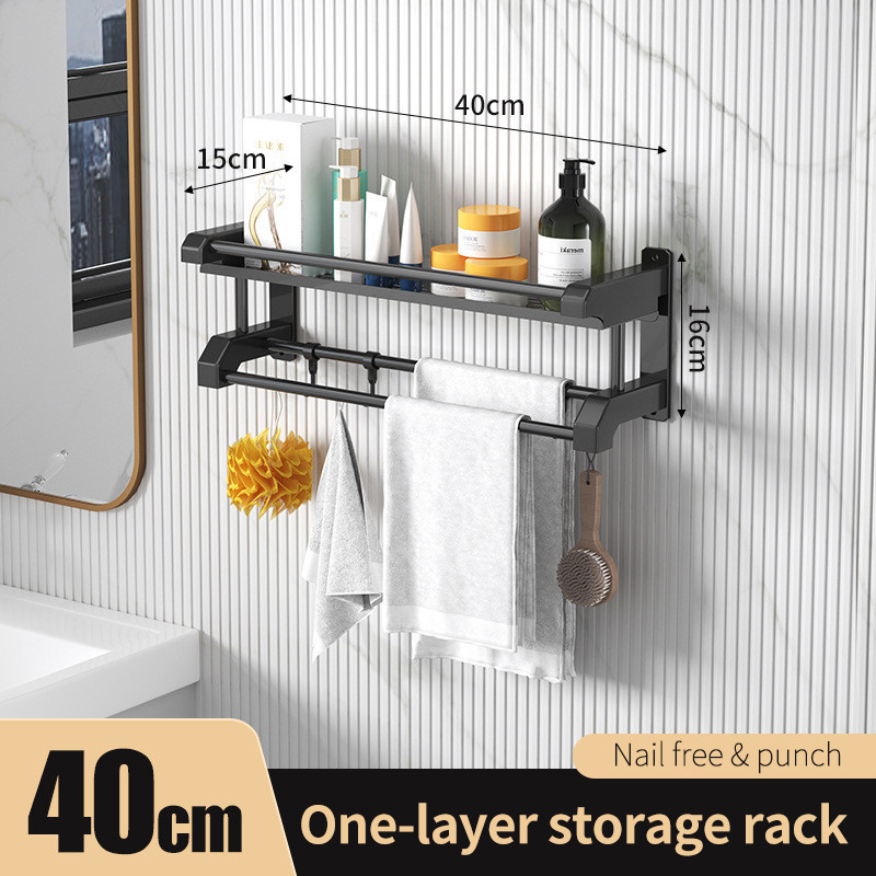 Organizador de baño sin taladro, estante de almacenamiento de ducha, negro, estante colgante de pared, soporte de toalla de inodoro, accesorios de baño: Single layer 40cm