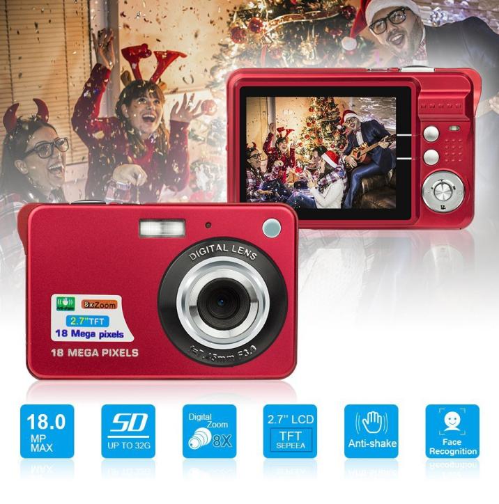 Portable Digital Camera Mini Camera 2.7" 720P 18MP 8x Zoom TFT LCD HD Anti-Shake Digital Video Camera Camcorder with Microphone: Red
