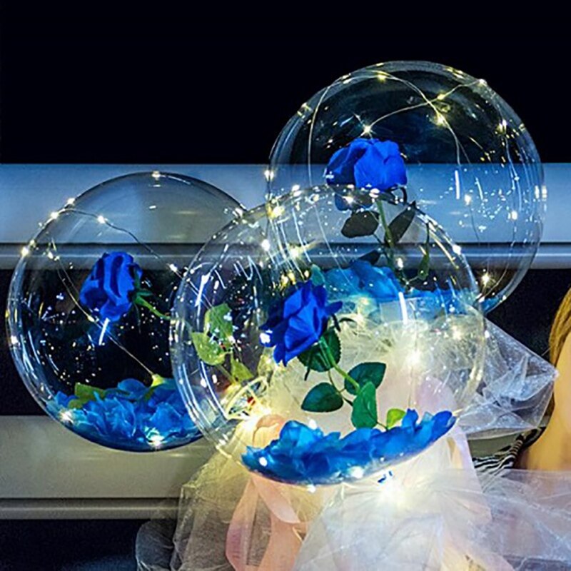 Diy Led Light with Rose Flower Balloons Valentine's Day Decoration Transparent Balls Wedding Led Luminous Balloon Rose Bouquet: Blue-1pc