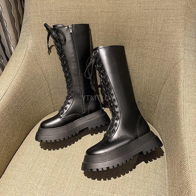 Botas de media caña con plataforma y cordones para Mujer, calzado informal de cuero Pu con cremallera antideslizante, de lujo