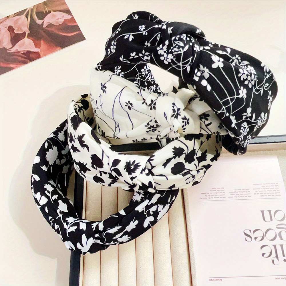 Diademas elegantes florales en blanco y negro para mujeres y niñas, aros para el cabello suaves con borde ancho, diadema cruzada con lazo grande, herramienta de Peinado,