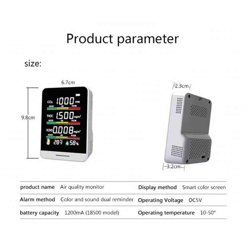 Portable Intelligent CO2 HCHO TVOC Formaldehyde Detector Air Monitor Temperature Humidity Sensor Carbon Dioxide Detector