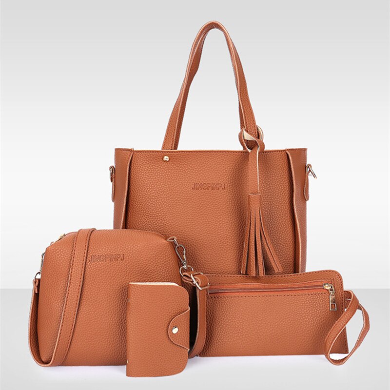 4 pçs conjunto de mulheres topo-alça titular do cartão de grande capacidade borla bolsa de ombro bolsa carteira senhoras couro do plutônio crossbody saco