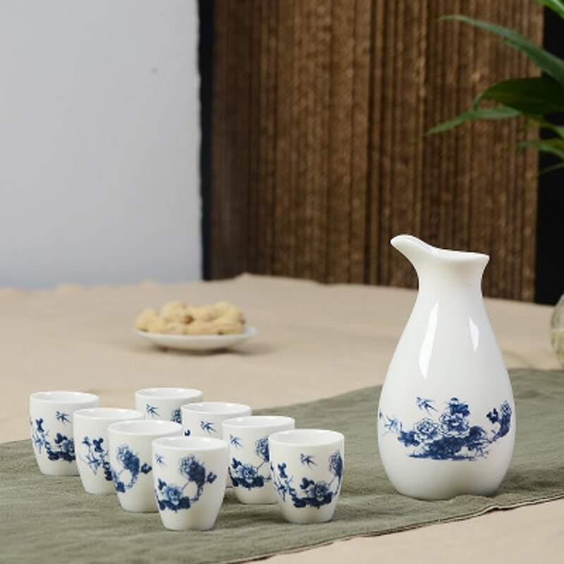 Set van 9 keramische sake potten, kannen, sterke drank, sterke drank, japanse sake wijnset, alcoholische drank, bar, drinkgerei, bekerset: Stijl 5