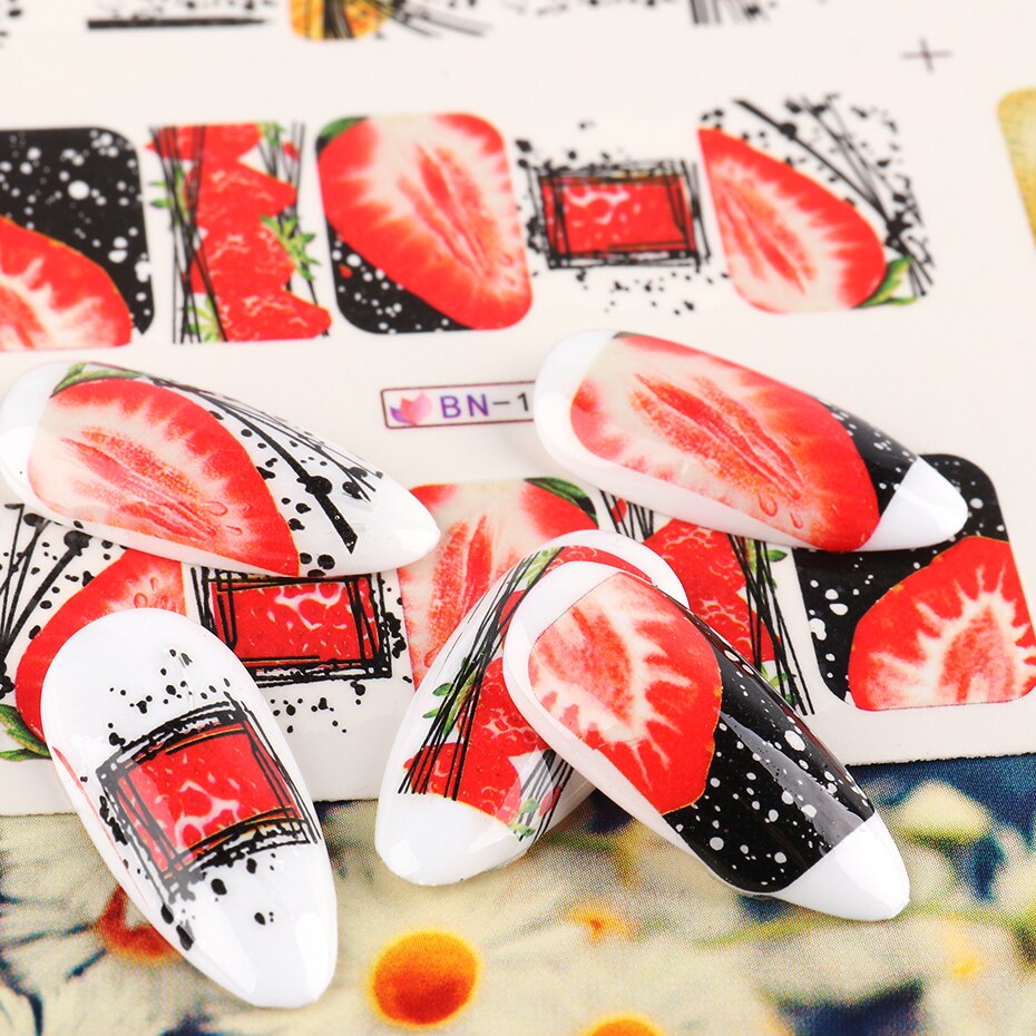 Sommer vand nail art klistermærker frugt med edderkoppe linjer transfer decals kiwi citron avocado manicure skyder bebn 1597-1608-1