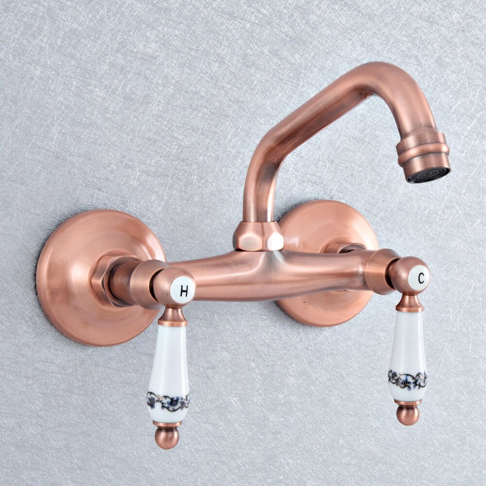 Grifo de cocina de cobre rojo antiguo para baño, mezclador, montado en la pared, doble manija, grifos fríos y calientes, zsf892