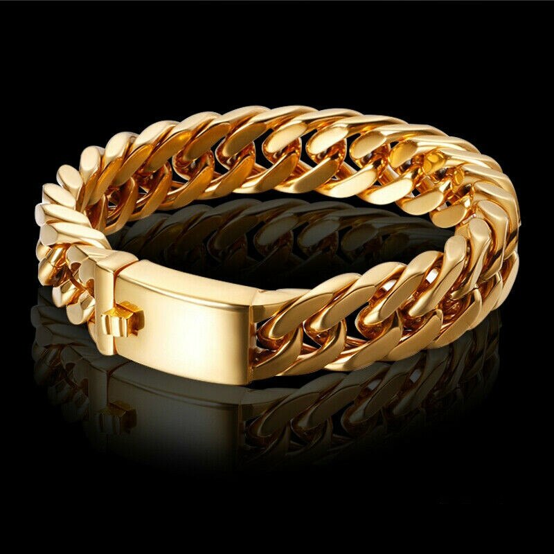 Men's Heavy Solid Alloy Curb Chain Bracelet Sand Blast BangleMen Hip Hop Rock Bracelet Jewelry Wrist Chain Bangle: GMSP468-Gold