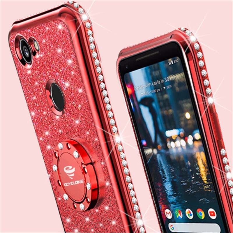 For Google Pixel 2Xl Case Luxury 360 Degree Kickstand Phone Housing case Rhinestone Bling Glitter Soft Slim 18:9 Inch Silicone: Red