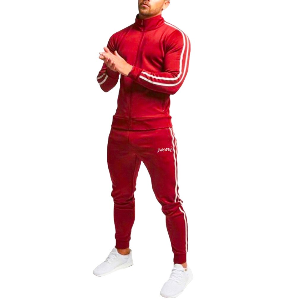 Mens Running Jogging Sport Gym Dragen Sets Herfst Splicing Rits Printing Trainingspak Effen Kleur Slim Fit Sport Past #3: Rood / L