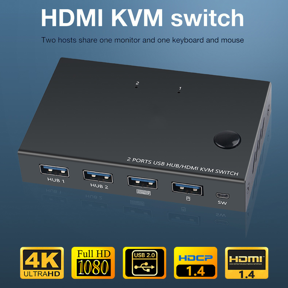 USB HDMI-compatible KVM Switch Box USB 2.0 Switcher Selector 2 Port PCs Sharing 4 Devices for Keyboard Mouse Printer Monitor