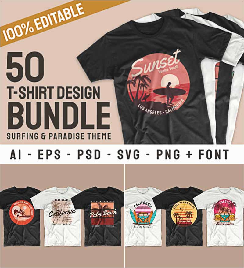 Surfen Paradise Tshirt Ontwerpen Bundel 50 T-shirt 100% Bewerkbare