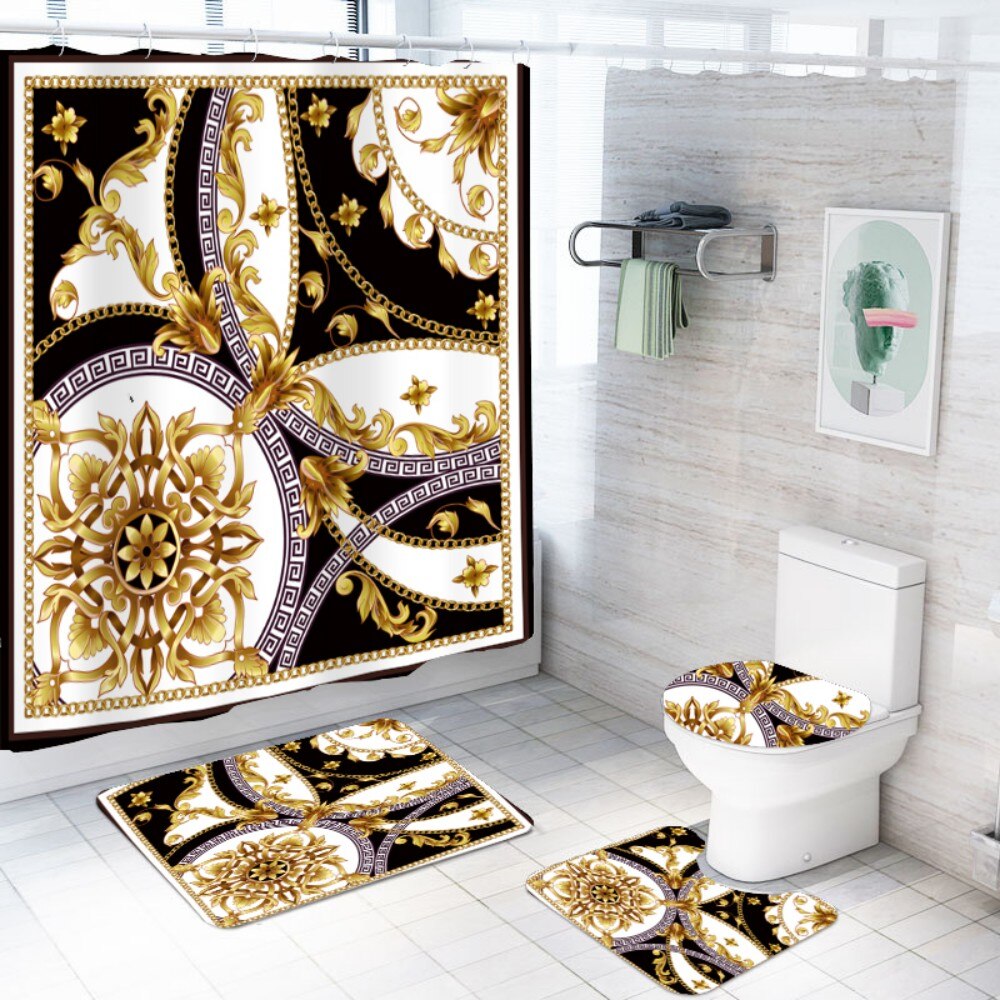 4 stück setzt Luxus Dusche Vorhang setzt mit Schlecht Teppich Wc Deckel Abdeckung Boden matt Wasserdicht Schlecht Vorhang Barock Jahrgang stil: Marine Blau