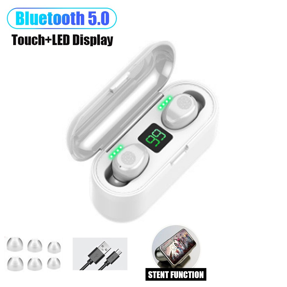 F9 trådløse hovedtelefoner bluetooth 5.1 øretelefoner tws hifi mini in-ear sports løbe headset support ios/android telefoner hd opkald: F9-1 berøringshvid