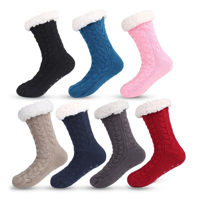 Winter Women Slipper Socks Fleece Lining Knitted Soft Socks Non-slip Outdoor Sports Skating Skiing Warm Socks