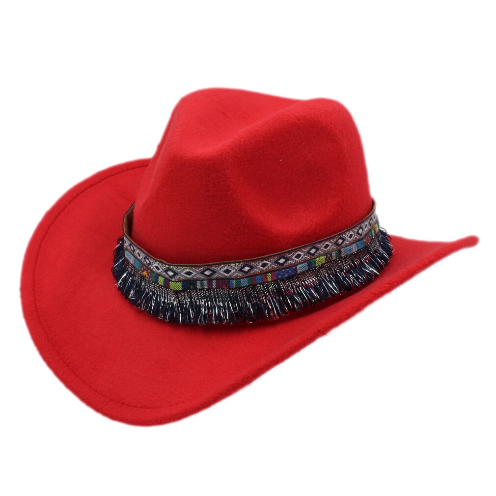 Mistdawn klassiske kvinder mænd western cowboy ridning hat ridning cowgirl cap bred brim m / bohemia kvast bånd størrelse 56-58cm: Rød