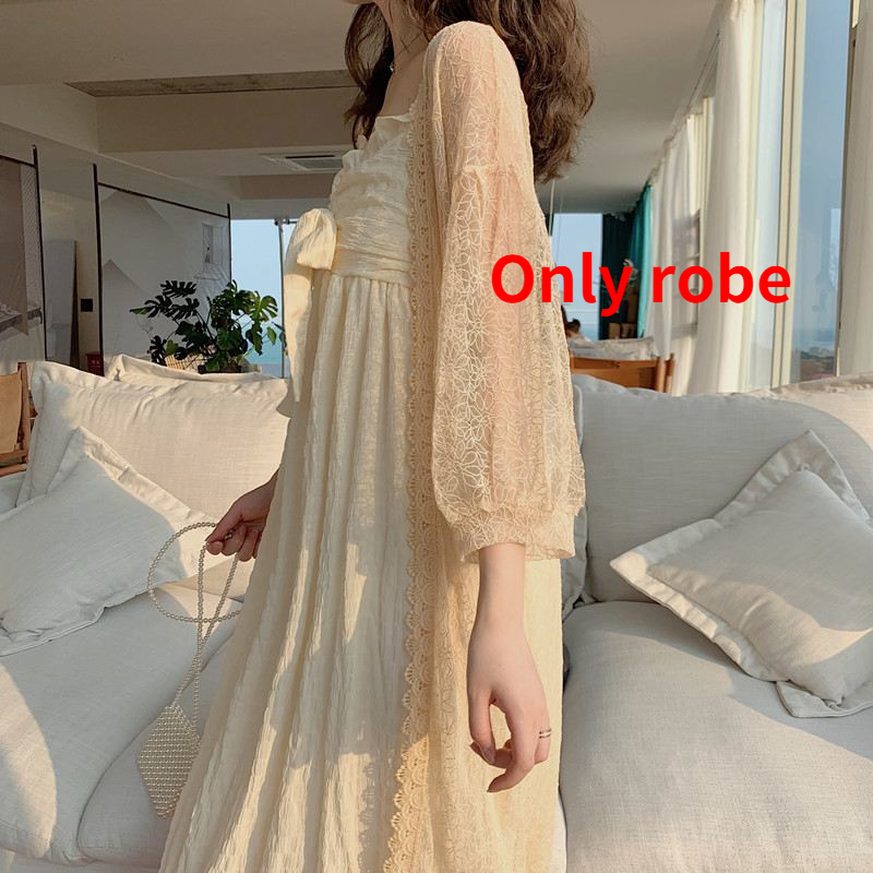 HOUZHOU Night Gown and Robe Sets for Women Cotton Pleated Bow Nightgowns Nightwear Sleep Dress Spring Autumn Nightie Ruffles: Gown / S