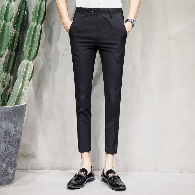 Britse herenstijl, slim fit, zwarte grijze broek, heren formele pantalon, lana streep, heren zakelijke broek, elegante