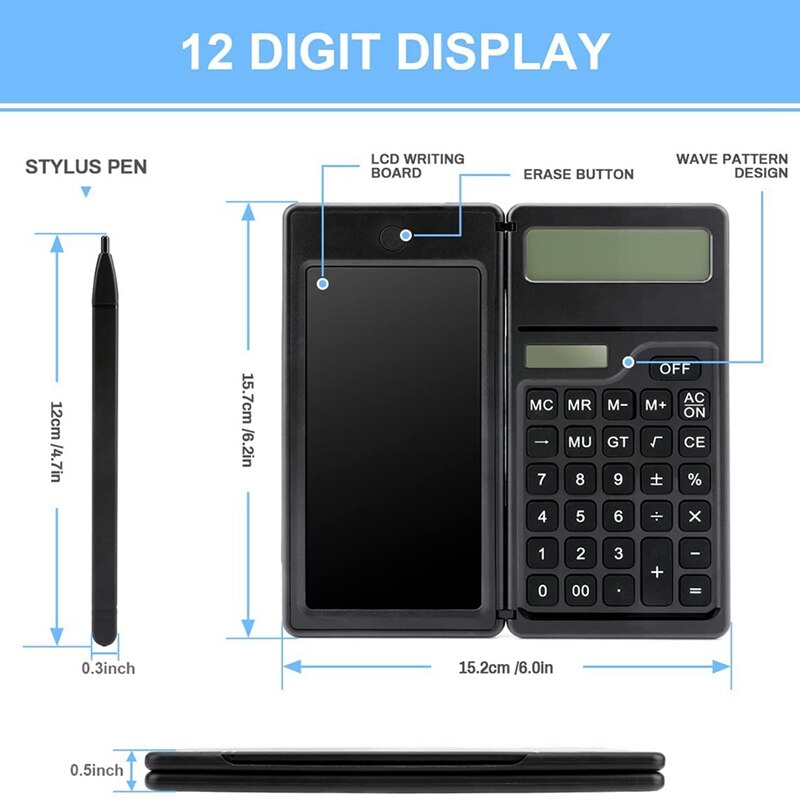 Calculadora Solar de 12 dígitos con tableta de escritura LCD de 6 pulgadas, calculadora de escritorio plegable silenciosa (para zurdos)