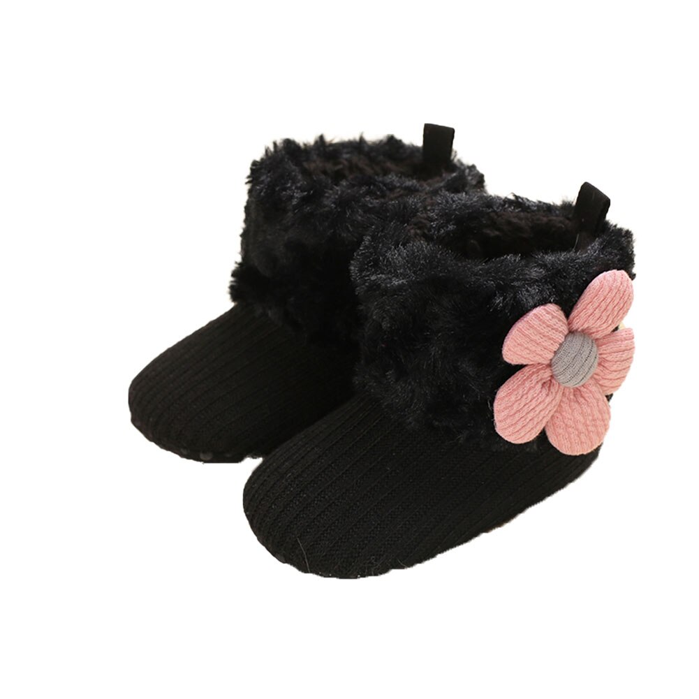 Baby Meisjes Snowboots Zachte Faux Fur Knit Bloem Booties Anti-Slip Baby Prewalkers 0-18M: Black / 0-6 months