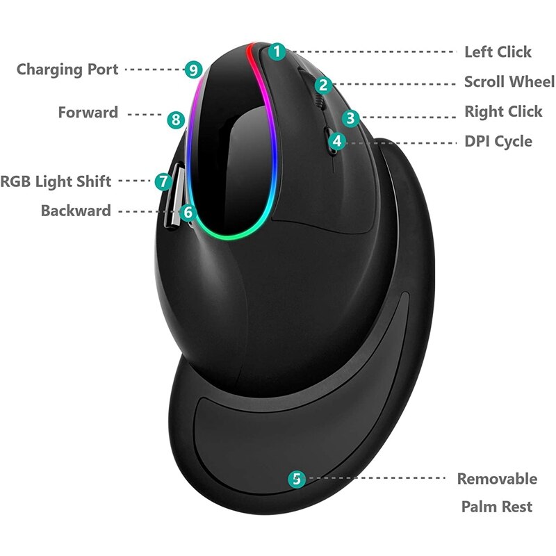 Ergonomics Vertical Mouse Wireless Gaming Mouse Rechargeable Rgb Led Backlit Hand Mice for Computer