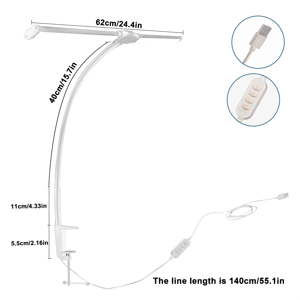 Lampada da scrivania per protezione degli occhi a doppia testa Luce regolabile a 10 livelli Clip LED da 10 W Collo di cigno flessibile Illuminazione per ufficio domestico Luci da scrivania: Oro