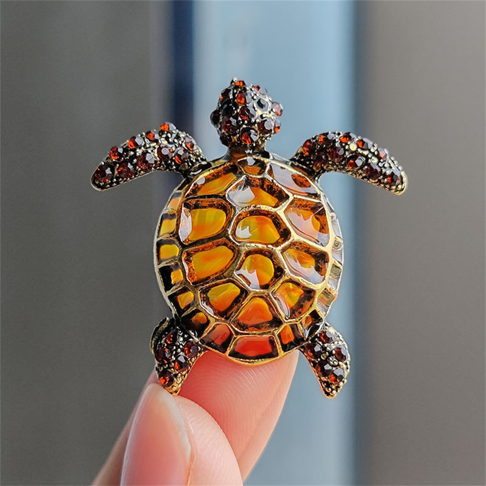 Broche Tortue Ancienne - Carapace Cloisonnée Rouge Et Noir, Strass Blancs, Fond Doré