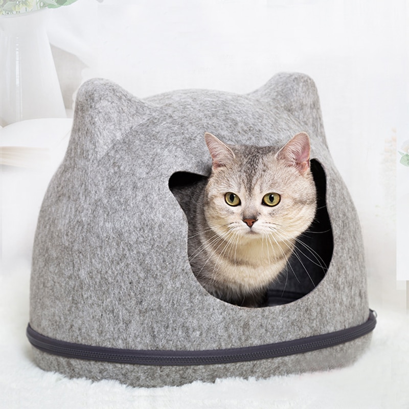 Kat kæledyrshus seng aftagelig naturlig filt katteseng åndbar kat kæledyr hulekat sengehus med pude til kæledyr katte kæledyrshjem