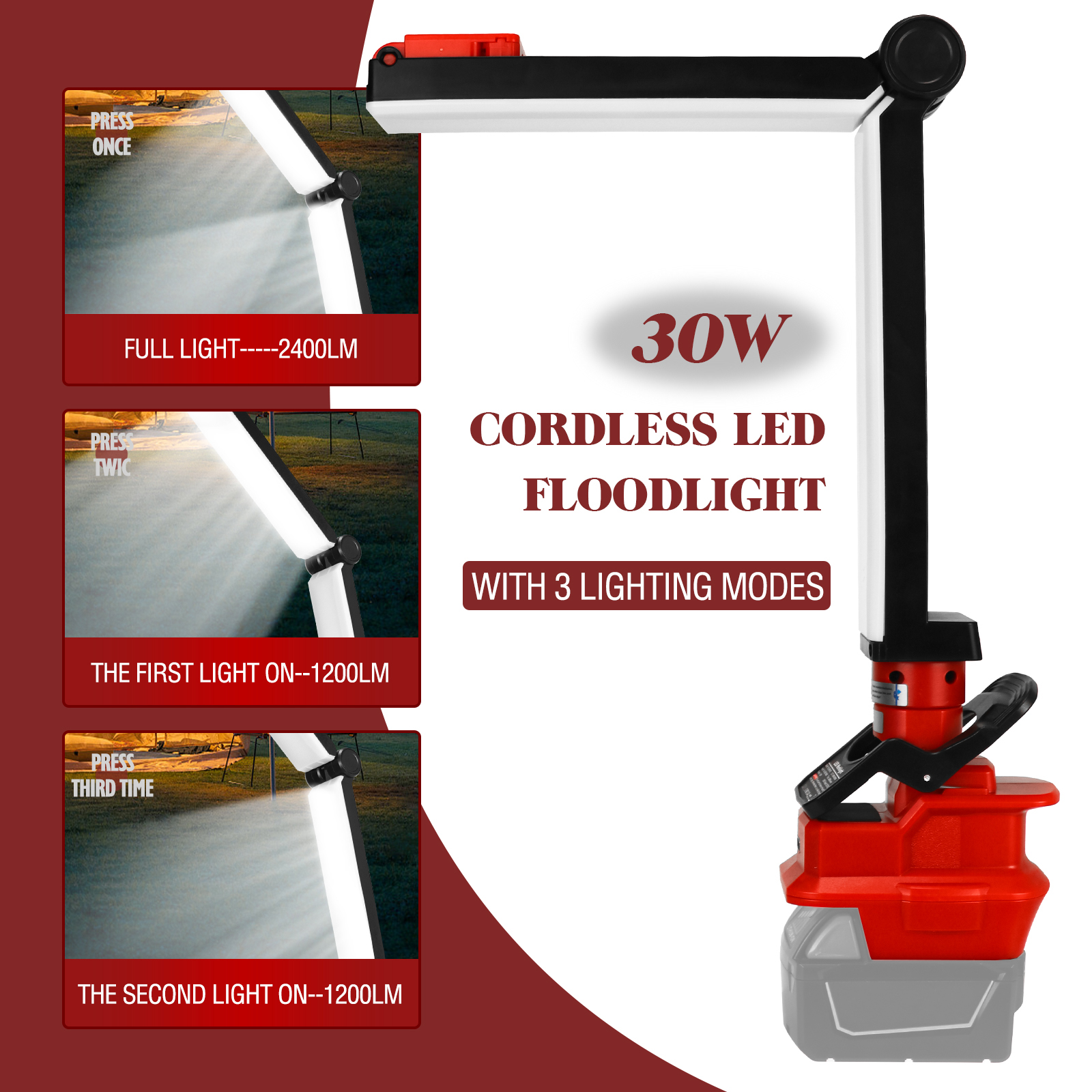 30w x 2400lm led arbejdslamper til milwaukee, 18v batteridrevne foldbare lamper, udendørs lommelygte med usb-opladeport (uden batteri)
