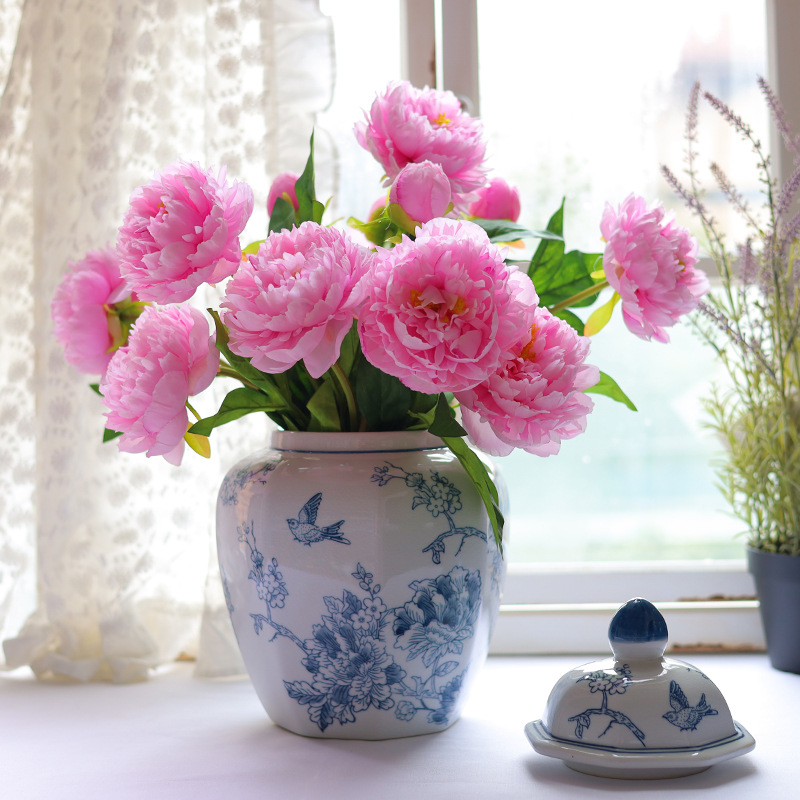 Florero de porcelana azul y blanco, florero de cerámica, botella de porcelana Vintage, florero, tanque de almacenamiento, terrario, decoración del hogar