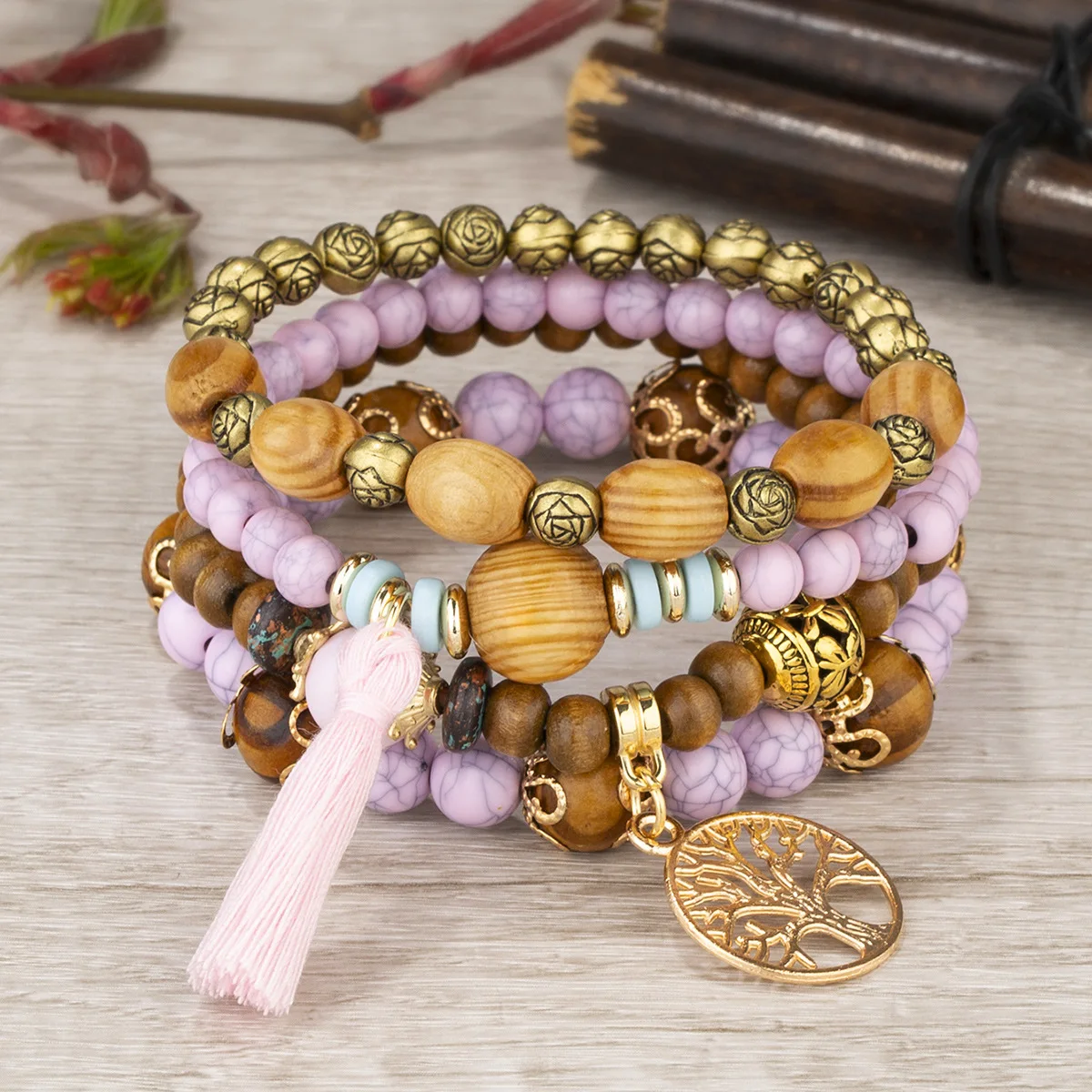 Conjunto de pulsera de árbol de la vida para mujer, brazalete de cadena elástica con cuentas de madera y borlas, joyería de para: Estampado en caliente
